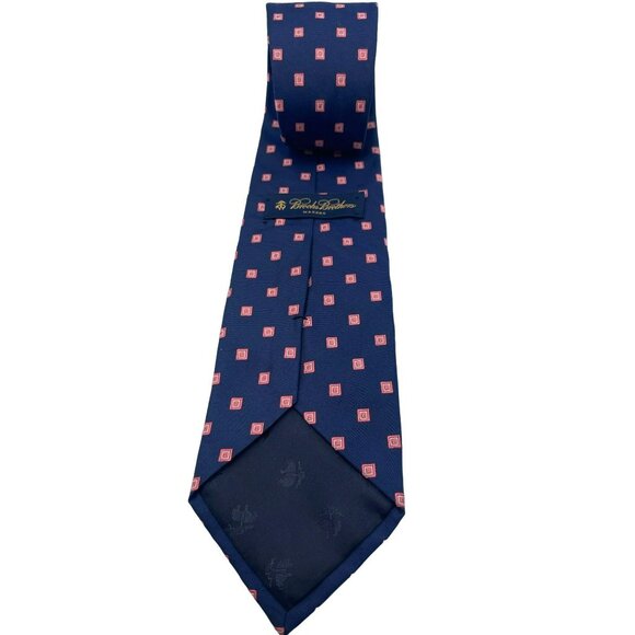 Brooks Brothers Mens Silk Tie Navy Blue Pink White Geometric Pattern Classic - Picture 5 of 6